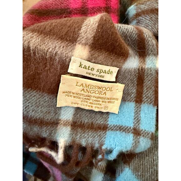 Kate Spade Plaid Fringe Scarf Lambswool Angora Blend Cozy Warm Winter Wrap - Picture 3 of 7
